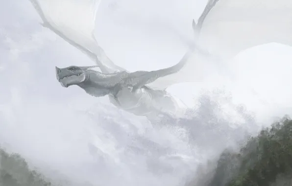 Картинка полет, туман, холмы, дракон, арт