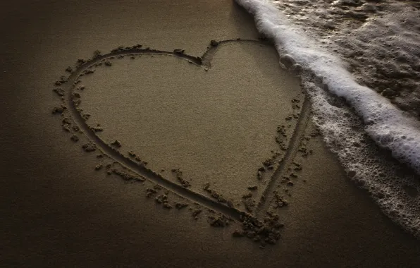 Песок, пляж, океан, сердце, волна, вечер