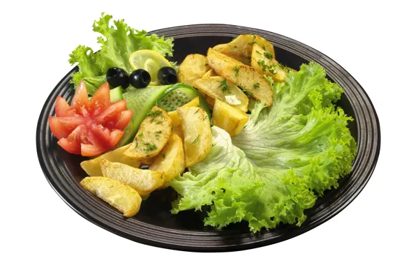 Зелень, тарелка, овощи, картофель