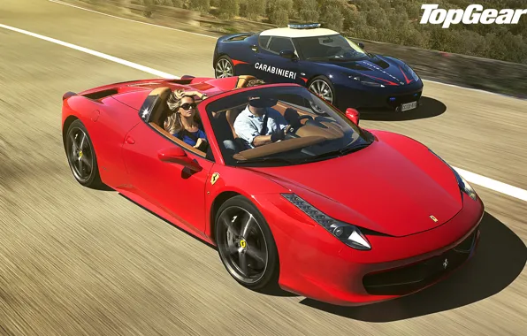 Картинка синий, красный, блондинка, Lotus, Ferrari, лотус, феррари, 458