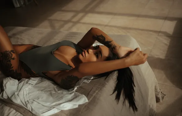 Bodysuit, model, tattoo, women, brunette, bed, hips, in bed