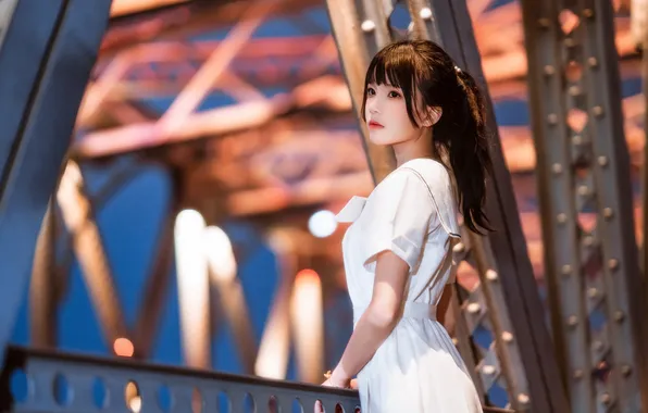 Beautiful, Asian, Model, Bridge, Lights, Night, Woman, Road