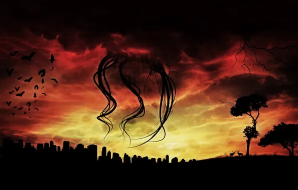 City, red, monster, nature, clouds, tentacle, atack