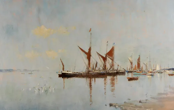 Картина, морской пейзаж, Эдуард Сиго, Баржи на Якоре. Пин Милл