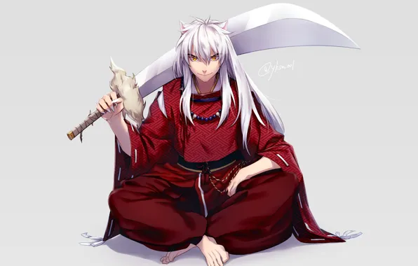 Меч, арт, сидит, ушки, Inuyasha, Инуяша