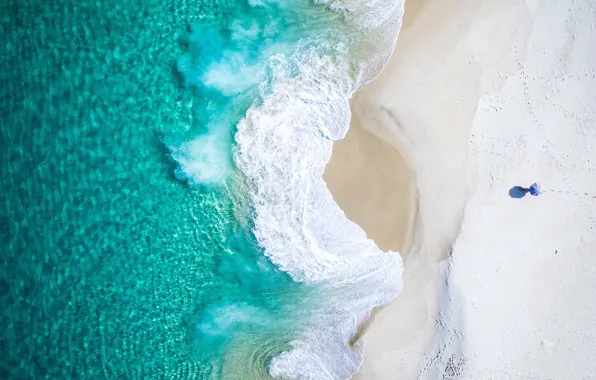Картинка песок, море, волны, пляж, вода, следы, океан, человек