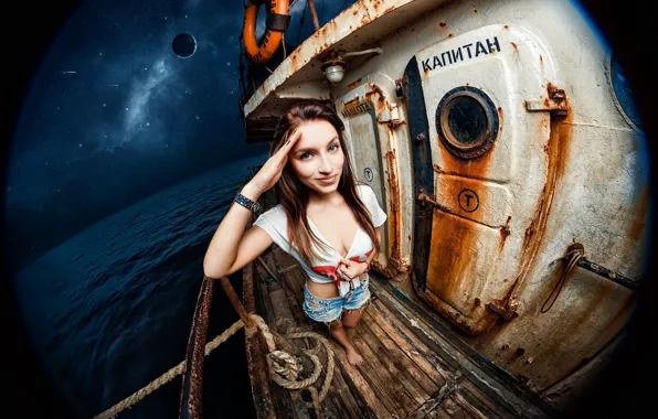 Девушка, корабль, декольте, капитан, палуба, машинное отделение