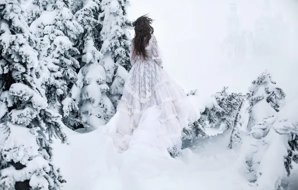 Картинка зима, девушка, снег, платье