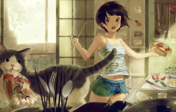 Картинка кот, девушка, аниме, арт, кухня