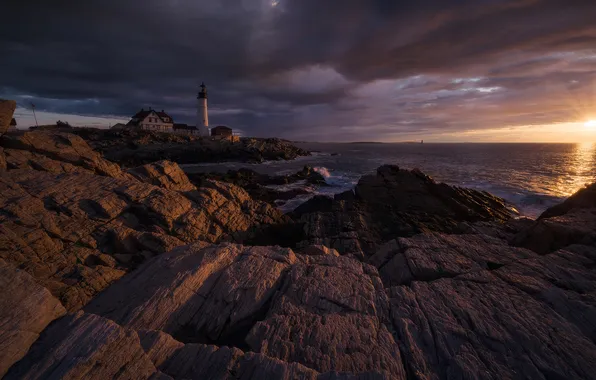 Картинка sea, ocean, coast, sunset, cloud, lighthouse