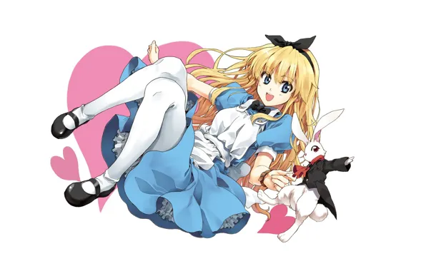 Белый фон, голубые глаза, Alice in Wonderland, веселье, Alice, фартук, белый кролик, алиса в стране …