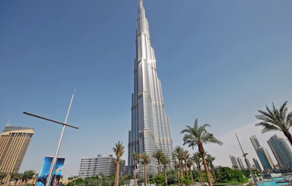 Картинка небо, пальма, дома, небоскребы, башни, Dubai, дубай, Бурдж-Халифа