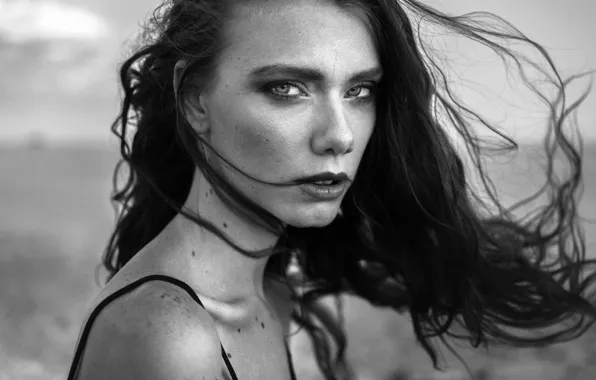 Ветер, волосы, губки, Florian Pascual, ч/б фотопортрет
