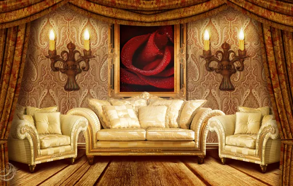 Комната, диван, обои, роза, картина, кресло, подушки, свечи