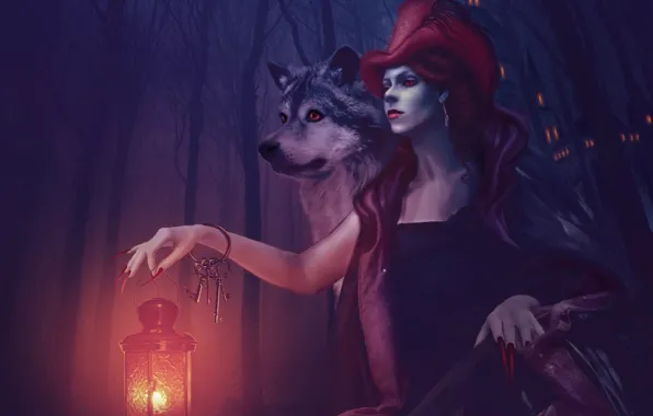 Картинка волк, красная шапочка, фонарь, ключи