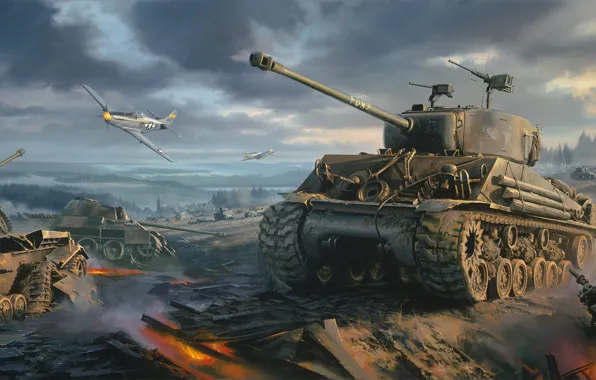 Картинка war, art, painting, ww2, Movie, P-51 Mustang, Fury, Sherman tank