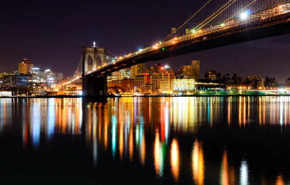 Картинка ночь, огни, отражение, Нью-Йорк, Бруклин, зеркало, Бруклинский мост, Соединенные Штаты