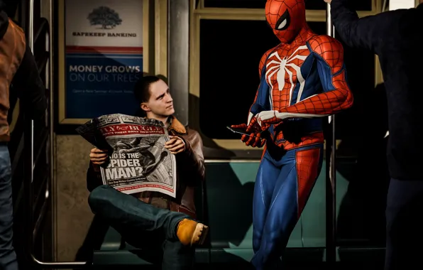 Метро, газета, парень, смартфон, Spider-Man, PS4, Человек - паук, Spider-Man (PS4)
