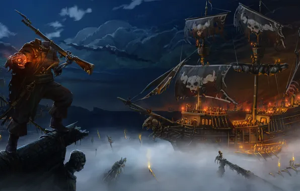 Картинка море, ночь, туман, огонь, корабль, череп, арт, пират