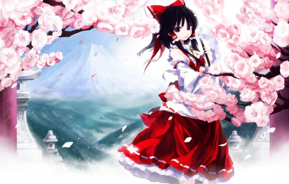 Девушка, дерево, гора, лепестки, сакура, храм, touhou, hakurei reimu