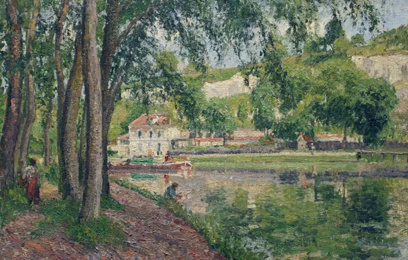 Картинка деревья, пейзаж, дом, картина, Камиль Писсарро, Морет. Каналь дю Луан