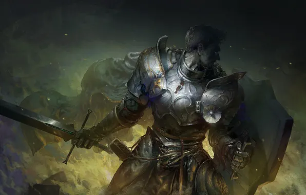 Sword, fantasy, armor, man, digital art, artwork, shield, warrior