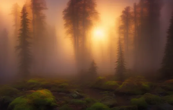 Лес, солнце, свет, природа, туман, камни, рендеринг, берег
