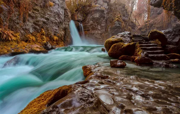 Осень, камни, скалы, водопад, мох, поток
