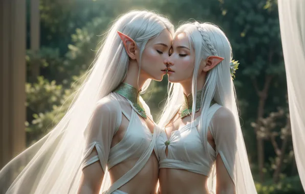 Girl, fantasy, art, kiss, blond, elf, digital art, wedding