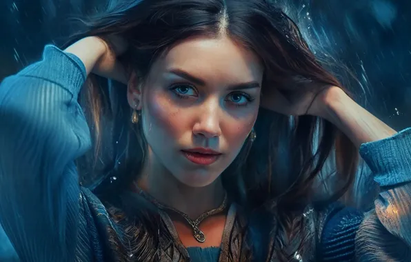 Взгляд, девушка, украшения, лицо, поза, портрет, руки, длинные волосы