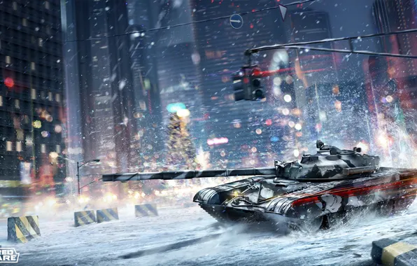 Картинка зима, город, улица, танк, armored warfare