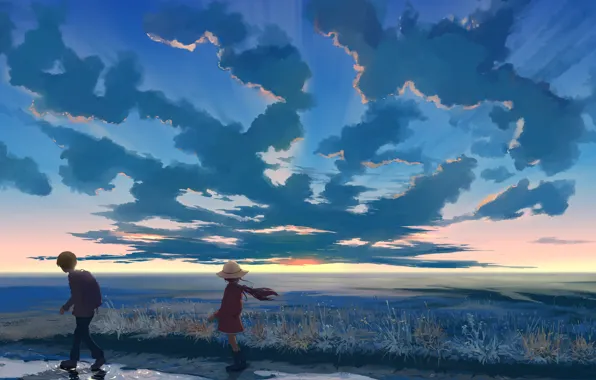 Картинка небо, облака, закат, природа, шляпа, аниме, мальчик, арт