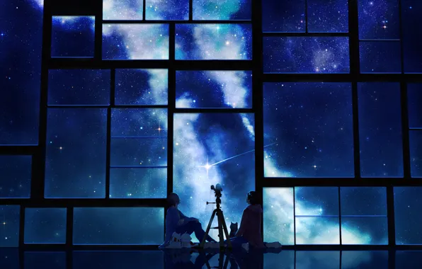 Картинка небо, кот, звезды, ночь, аниме, шарф, окно, арт