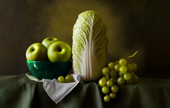 Картинка стол, фон, яблоки, виноград, посуда, фрукты, овощи, капуста