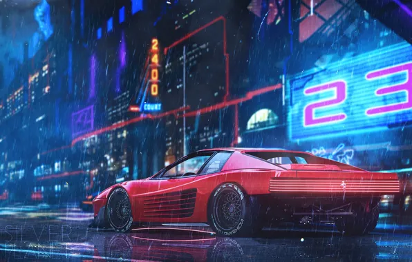 Красный, Авто, Неон, Машина, Дождь, Стиль, Car, Автомобиль