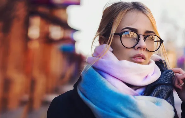 Девушка, отражения, город, шарф, очки, боке, Lera, Dmitry Belyaev