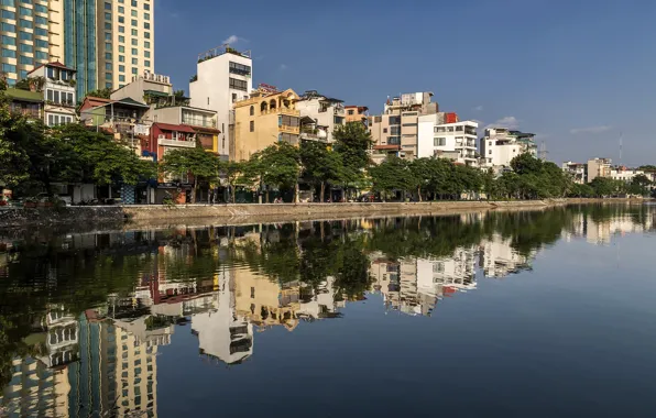 Отражение, река, здания, Вьетнам, Ханой