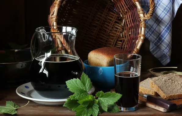 Листья, корзина, хлеб, кувшин, квас