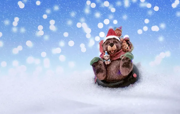 Снег, мышка, Новый Год, горка, Рождество, мишка, Christmas, веселье