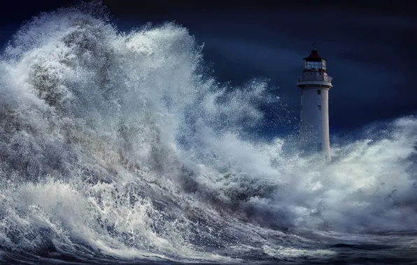 Картинка море, волны, брызги, ночь, шторм, графика, маяк, digital art
