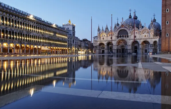 Отражение, здания, площадь, Италия, Венеция, собор, архитектура, Italy