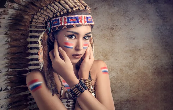 Перья, макияж, раскраска, Saipan, головной убор, Chakrit Chanpen, Thai Model