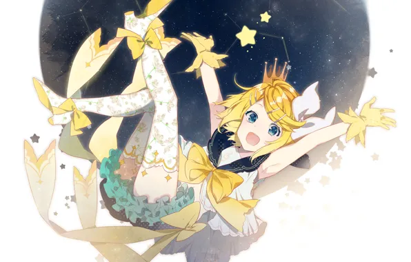 Небо, девушка, ночь, корона, Vocaloid, Kagamine Rin