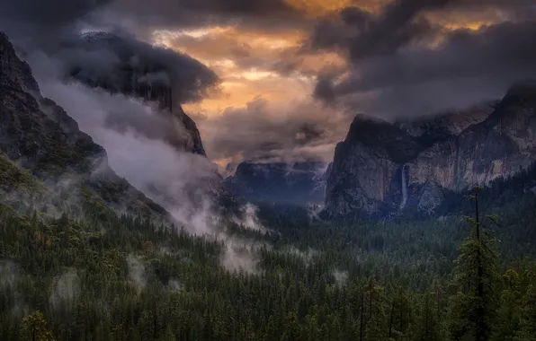 Небо, облака, деревья, горы, туман, водопад, США, Yosemite National Park