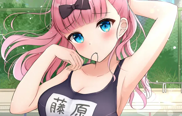 Girl, sexy, pool, cleavage, pink hair, long hair, boobs, anime