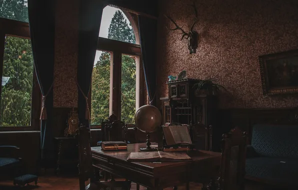 Картинка trees, chair, window, room, interior, architecture, table, books