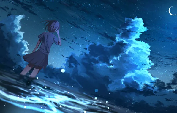 Небо, вода, девушка, ночь, полумесяц