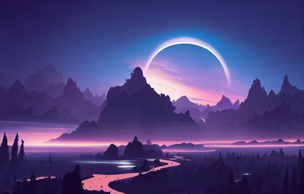 Moon, landscape, night, art, mountains