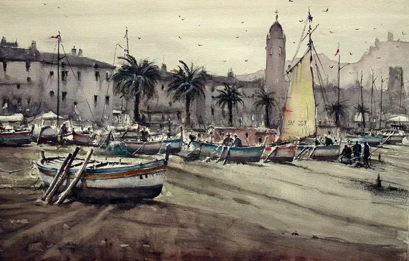 Картинка берег, башня, картина, лодки, акварель, городской пейзаж, Максимилиан Дамико