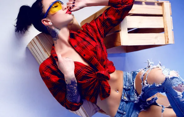 Girl, Model, legs, photo, ponytail, tattoo, bokeh, lips